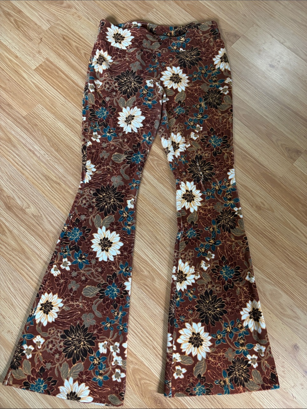 Shyanne Brown Floral Bell-Bottom Pants with Teal Accents